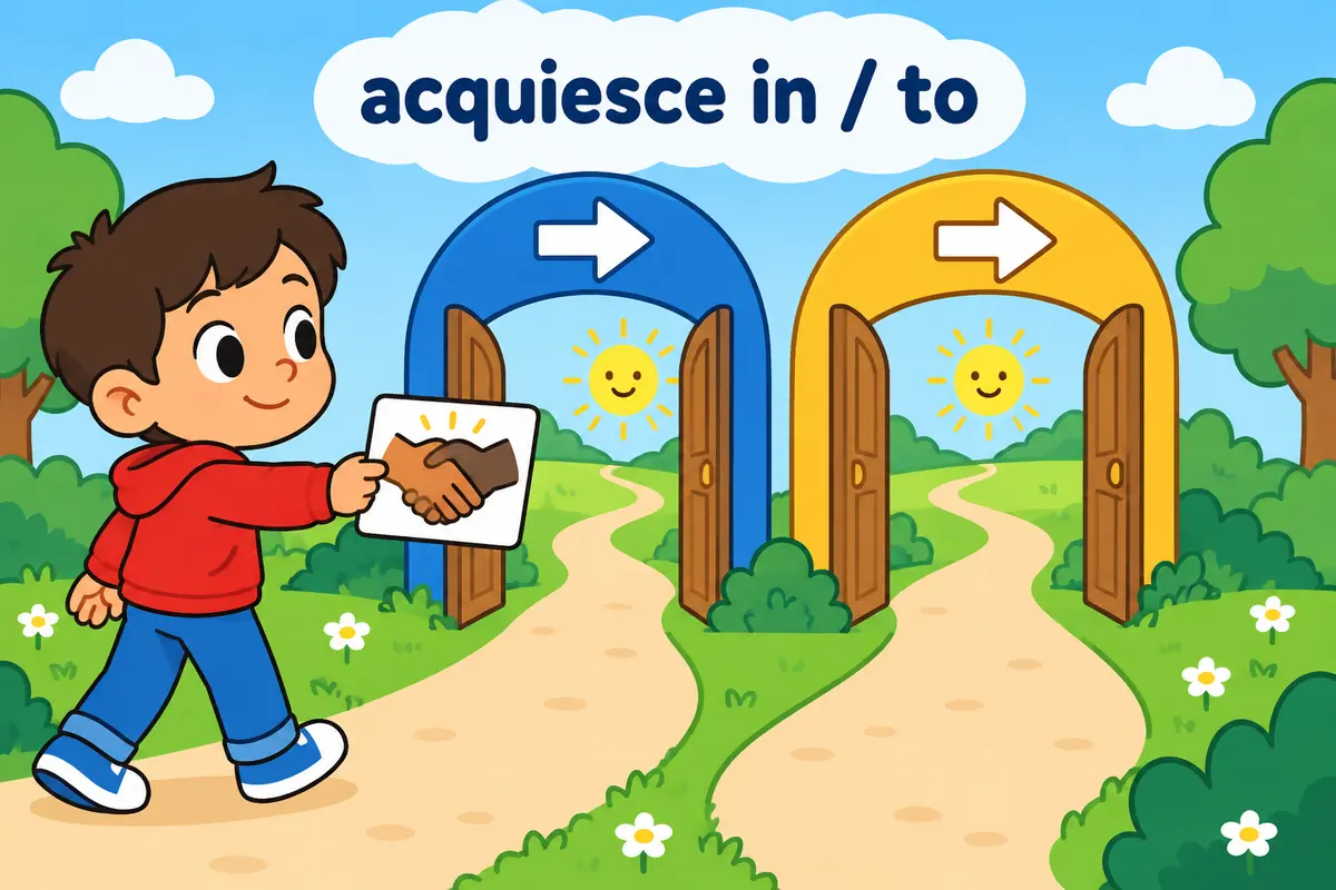 A cartoon child moves a picture card through either of two gates labelled only with arrows after the word acquiesce.