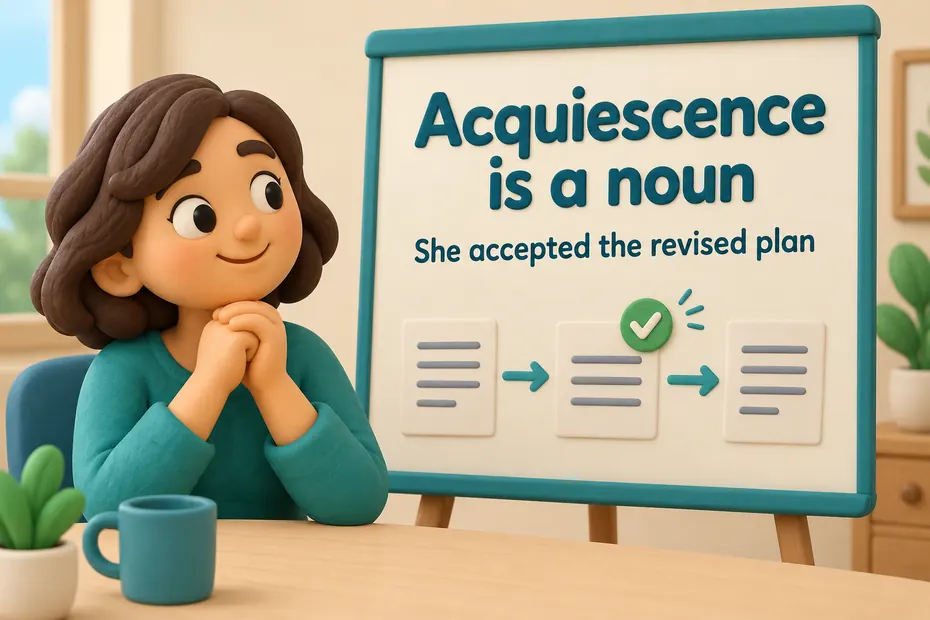 Acquiescence is a noun naming acceptance of a revised plan.