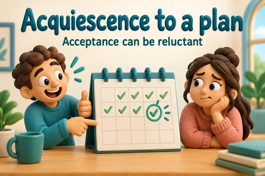 Acquiescence to a plan can be reluctant acceptance.