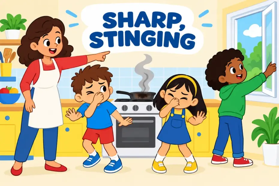 Cartoon children cover their noses as acrid smoke rises from a burnt pan, showing acrid in a sentence.