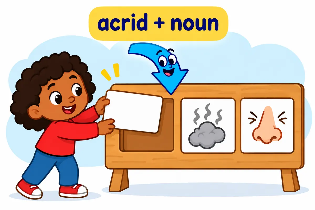 A cartoon label card shows the word acrid placed directly before pictures of smoke and a smell.