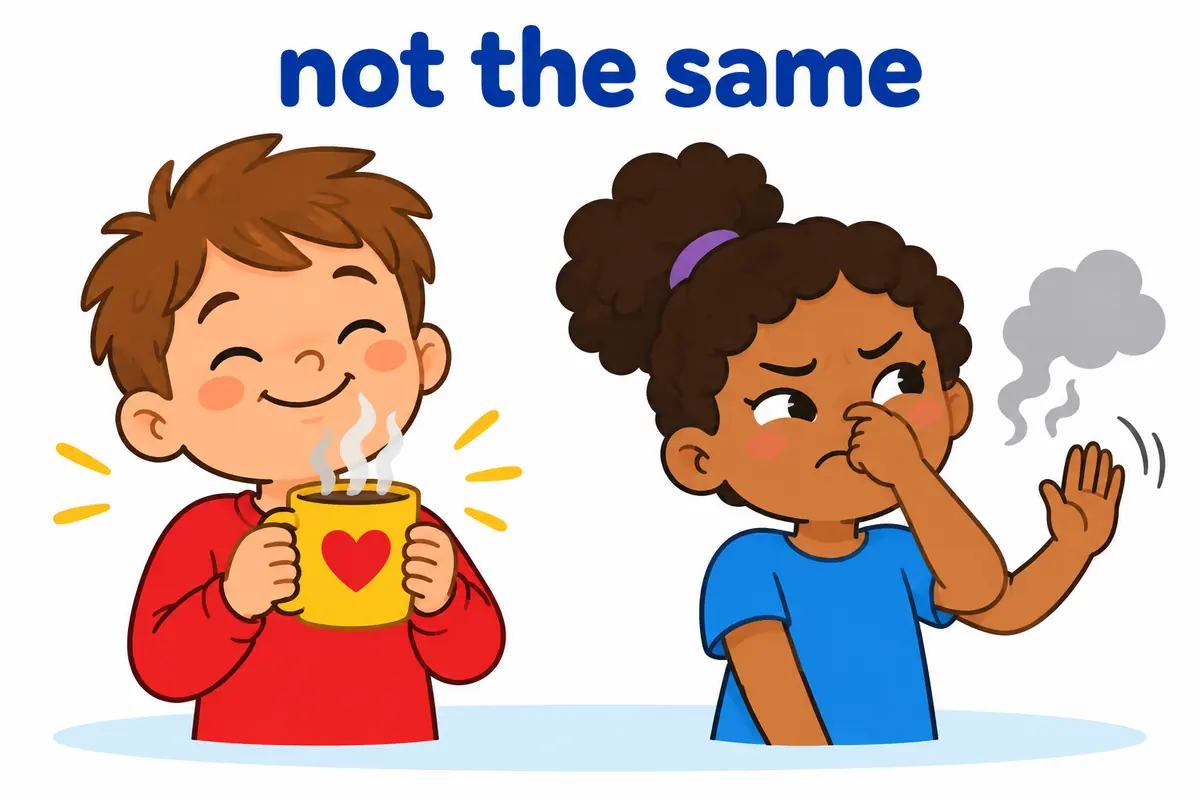 A cartoon single scene contrasts a smiling child with a warm coffee scent and a frowning child with stinging smoke.