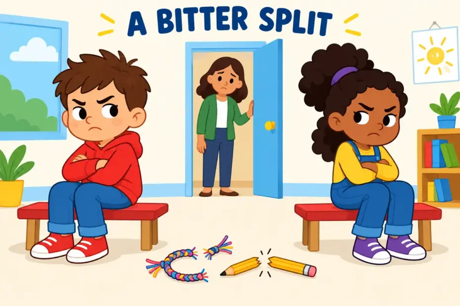 Cartoon children turn away from each other after a sour argument, showing acrimonious in a sentence as a bitter dispute.