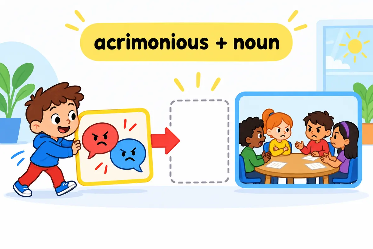 A cartoon card labelled with a stormy face slots in front of a picture of a round table meeting.