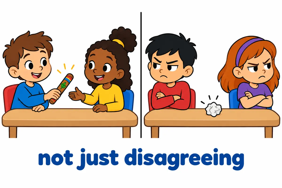 A cartoon comparison shows a calm debate beside a bitter exchange that leaves both sides scowling.
