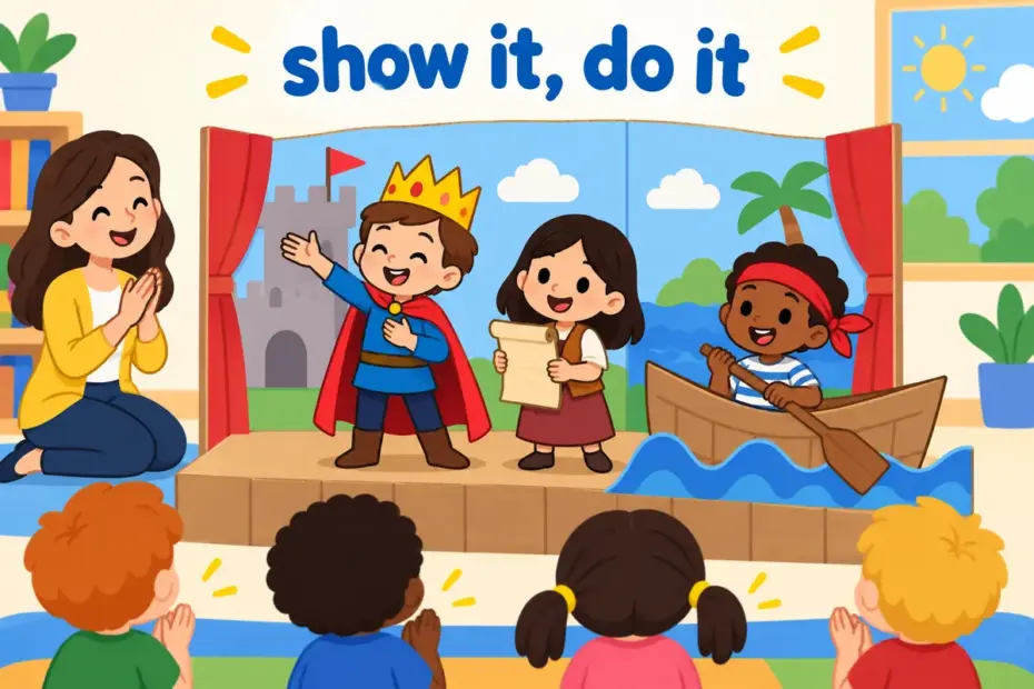 Cartoon children perform a story on a small stage, showing act out in a sentence as performing through action.