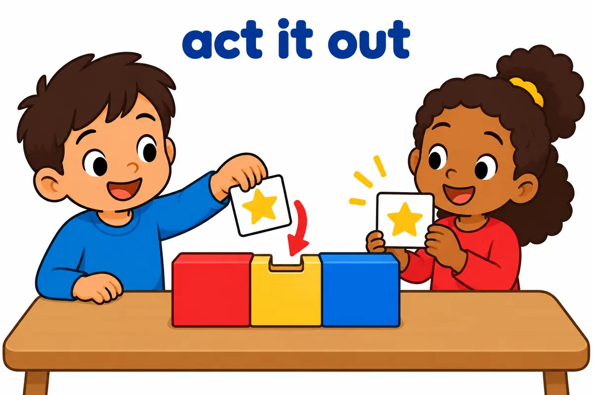 A cartoon child snaps a word card onto a small stage as two friends hold a script and out card.