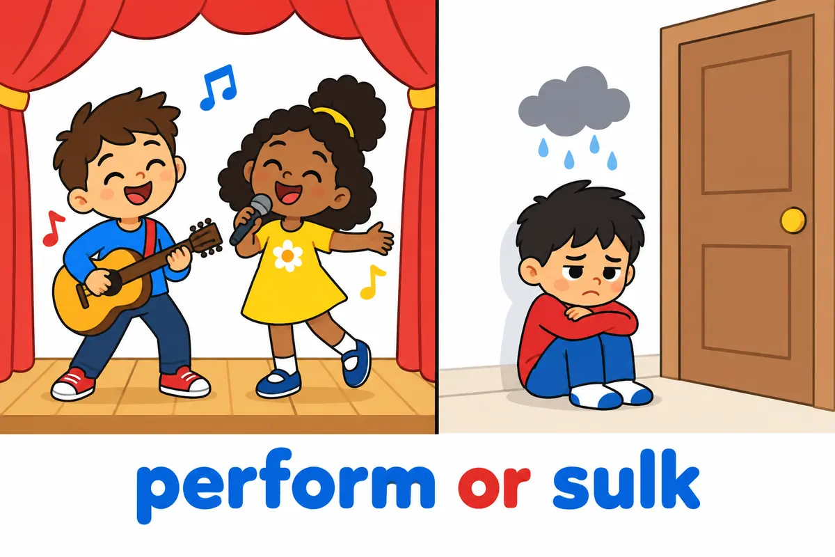A cartoon split scene contrasts two children performing a story on a stage with one child sulking by a door.