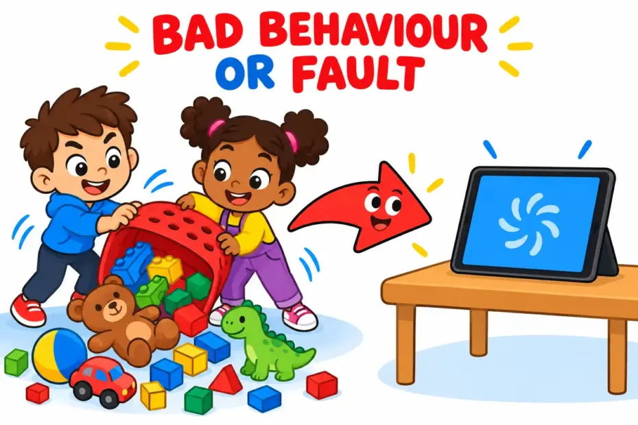Cartoon children squabble while a tablet freezes nearby, showing act up in a sentence as misbehaving or malfunctioning.