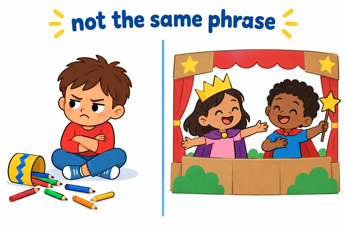 A cartoon split scene contrasts a frowning child misbehaving with children performing a story on a small stage.