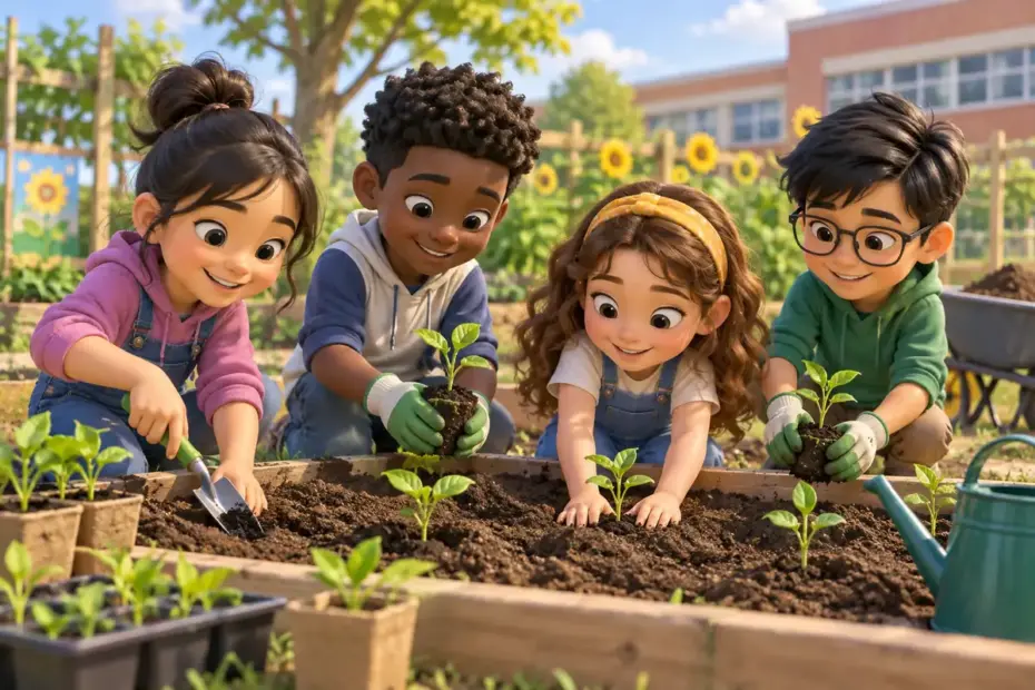 Students take action together as they plant seedlings in a school garden.