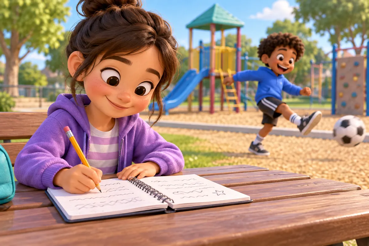 A child writes at a desk while watching a classmate kick a ball on the playground.