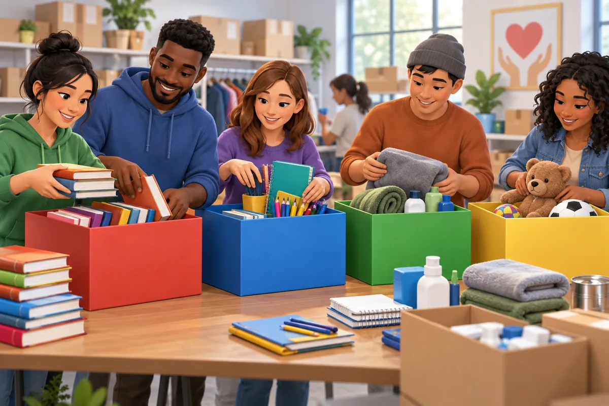 Community volunteers sort books and supplies into boxes for a neighborhood donation drive.
