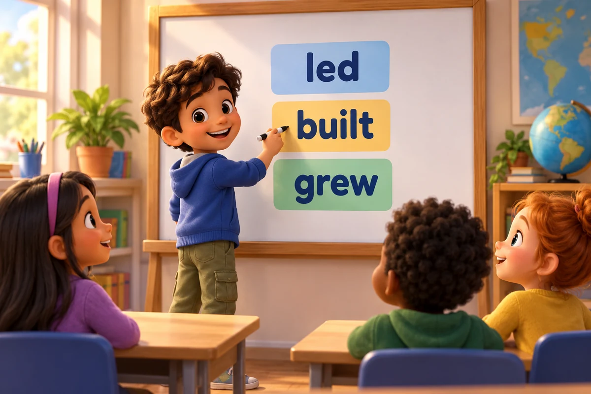 Cartoon child writes a job line on a board with action verbs for resume bullets such as led, built and grew.
