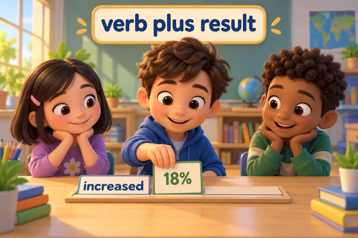 A cartoon child places a result card showing 18 percent beside a verb card reading increased.