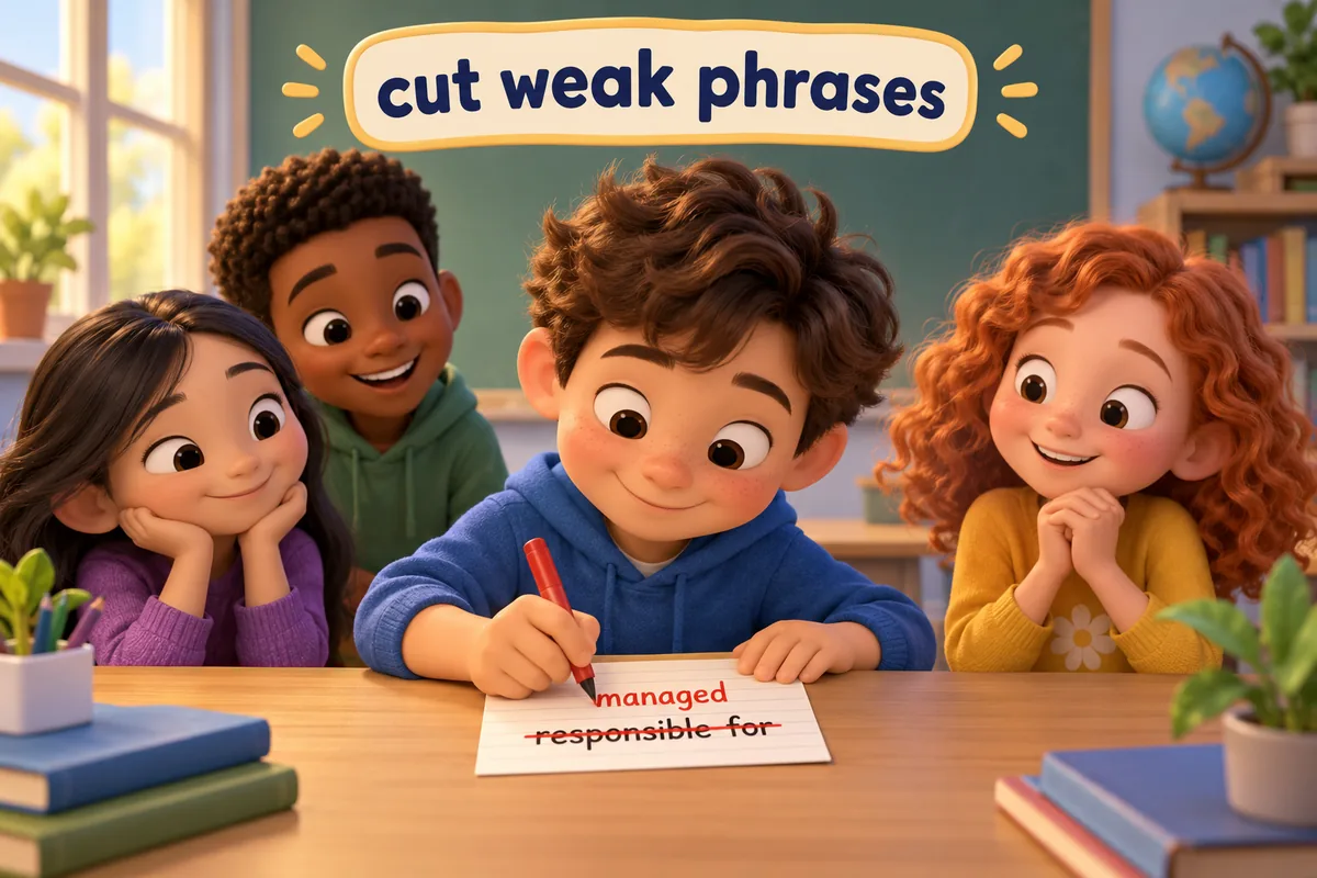 A cartoon child crosses out the words responsible for and writes managed above them.