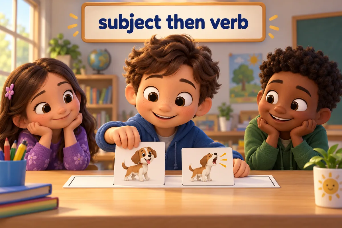 A cartoon child lines up a subject card before a verb card on a sentence strip.
