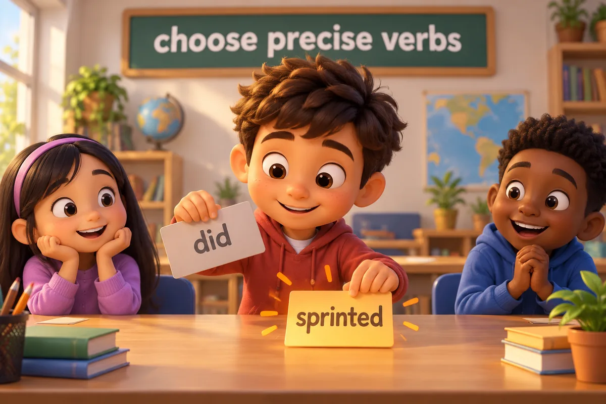 A cartoon child swaps a dull card reading did for a vivid card reading sprinted.