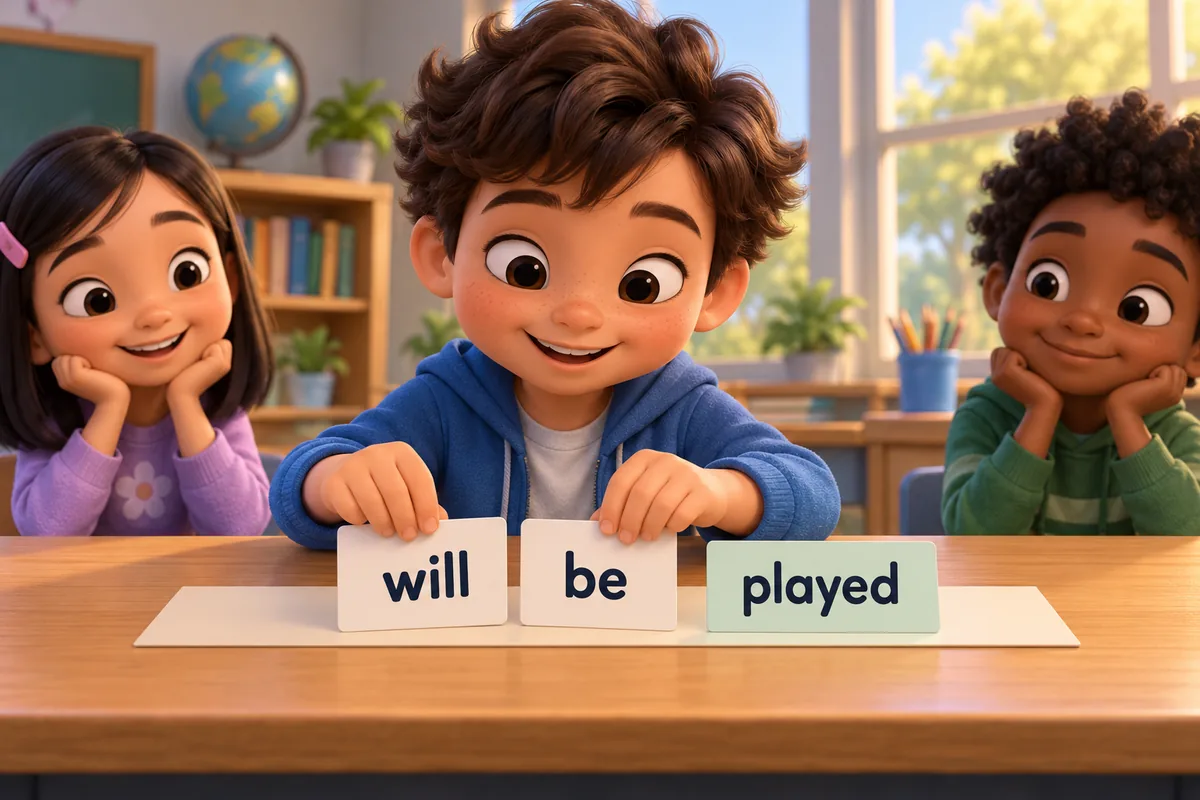 A cartoon child places a card reading will be before a participle card reading played on a strip.