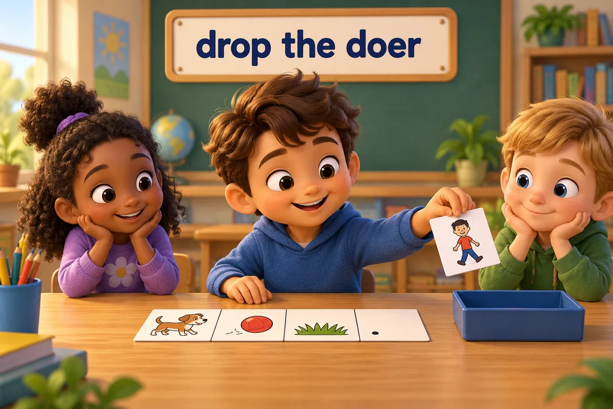 A cartoon child lifts away a by phrase card and leaves the passive sentence standing on its own.