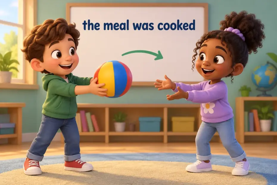 Cartoon children show active and passive voice by passing a ball and watching it being passed back.