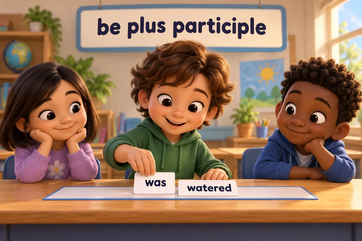A cartoon child slots a card reading was before a card reading watered on a sentence strip.