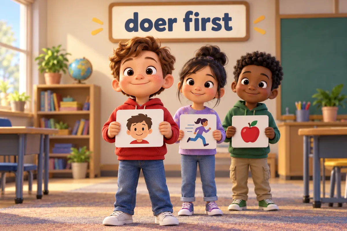 A cartoon child stands at the front of a line holding a card that names the doer.