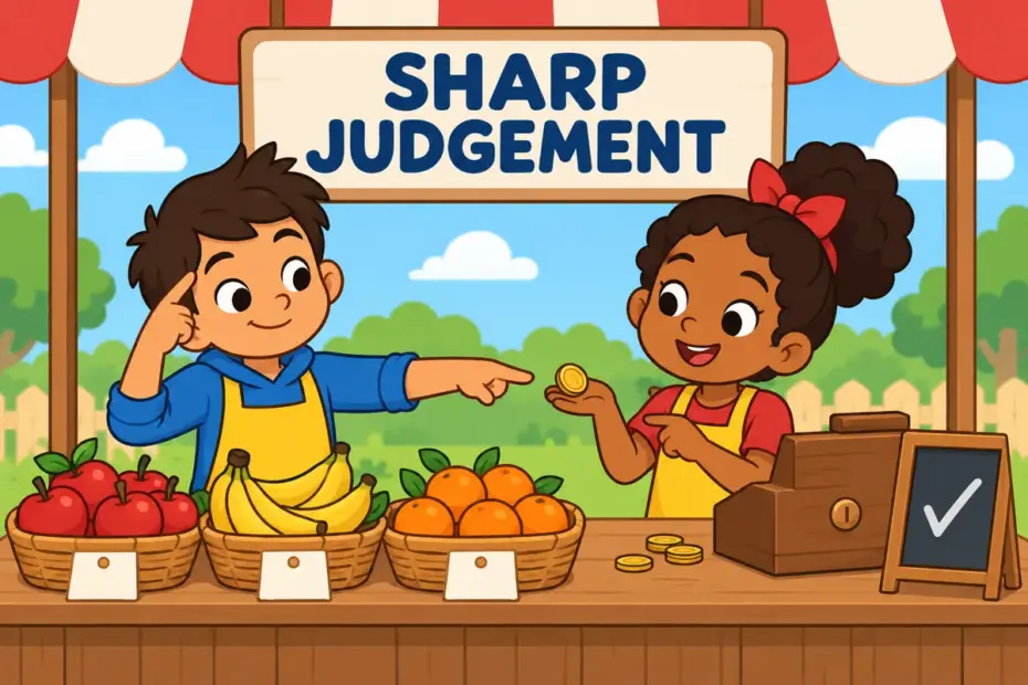 Cartoon children at a market stall count coins and compare prices, showing acumen in a sentence as practical judgement.