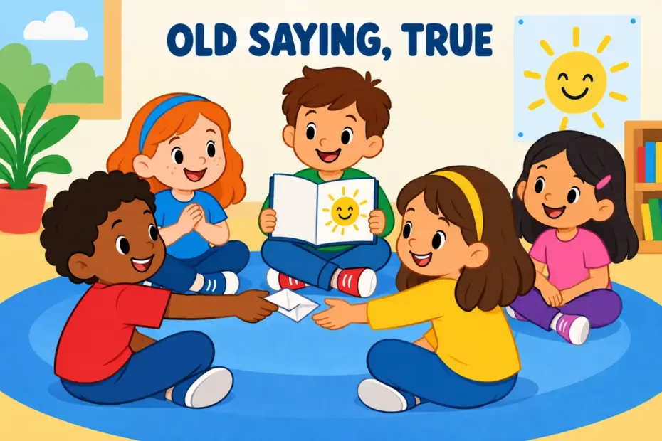 Cartoon children pass a folded note carrying a well-known adage in a sentence around a classroom circle.