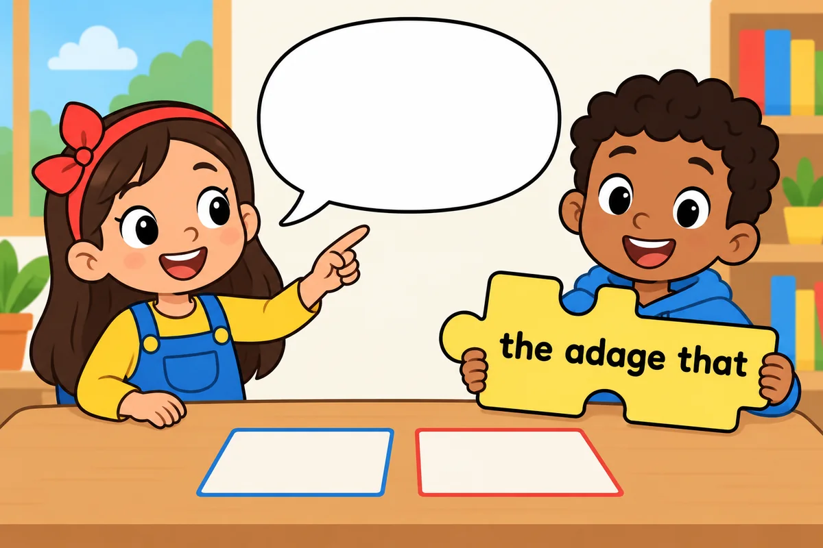 A cartoon child fills a speech bubble beside a sign reading the adage that to show the fixed sentence pattern.