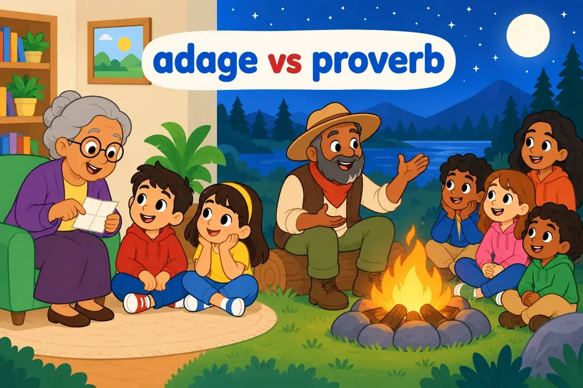 A single cartoon scene contrasts a town elder sharing an adage with a village storyteller reciting a proverb.