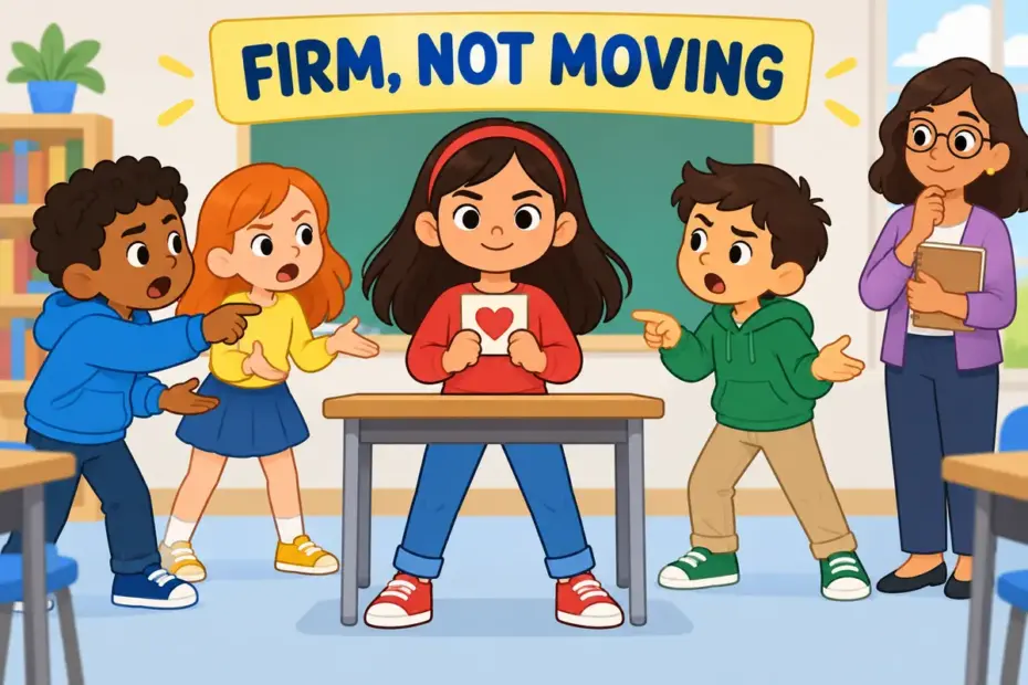 Cartoon pupils hold a firm sign at a class debate, showing adamant in a sentence as refusing to change a position.