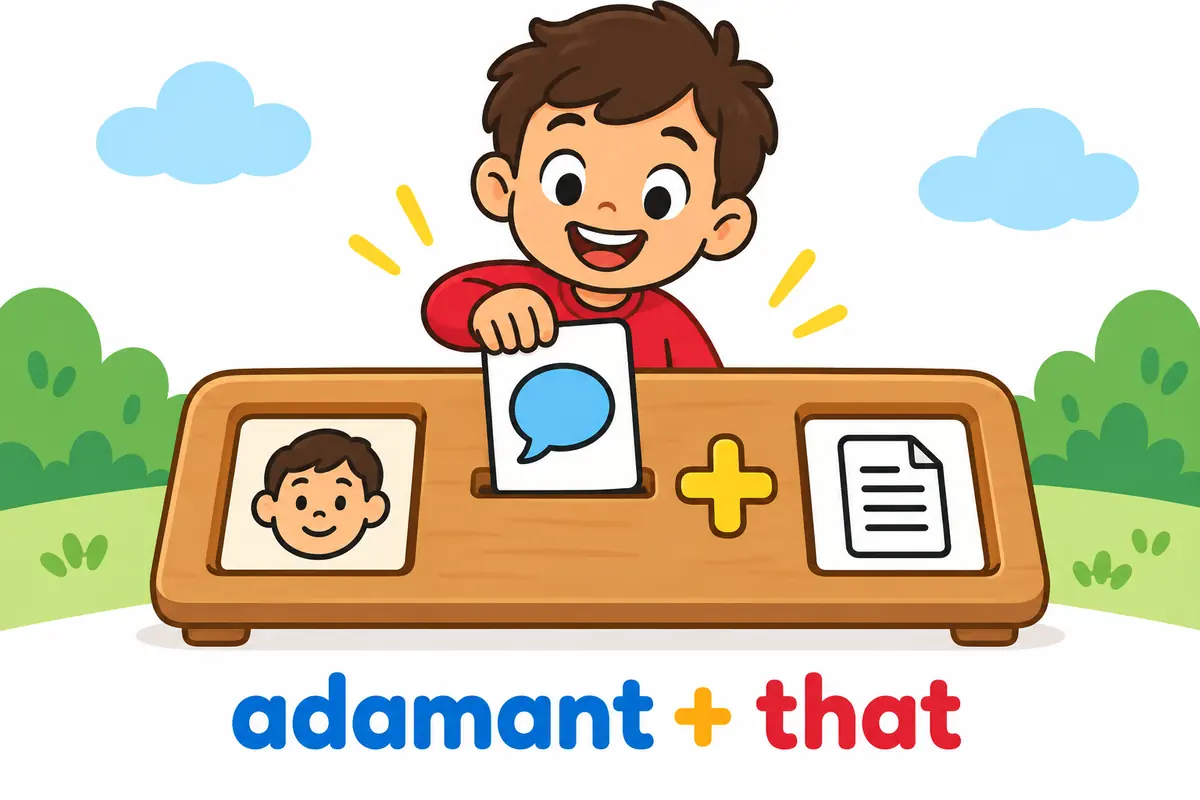 A boy presses a speech-bubble card into a board under “adamant + that,” with face and page icons.