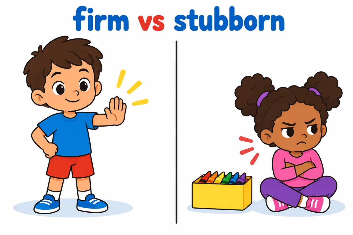 A cartoon split scene contrasts a child calmly holding a position with a child sulking after refusing to share.