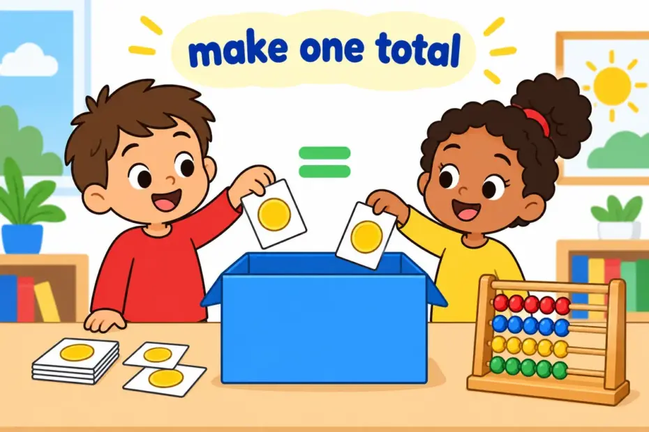 Cartoon pupils stack coin cards that combine into one total, illustrating add up in a sentence.