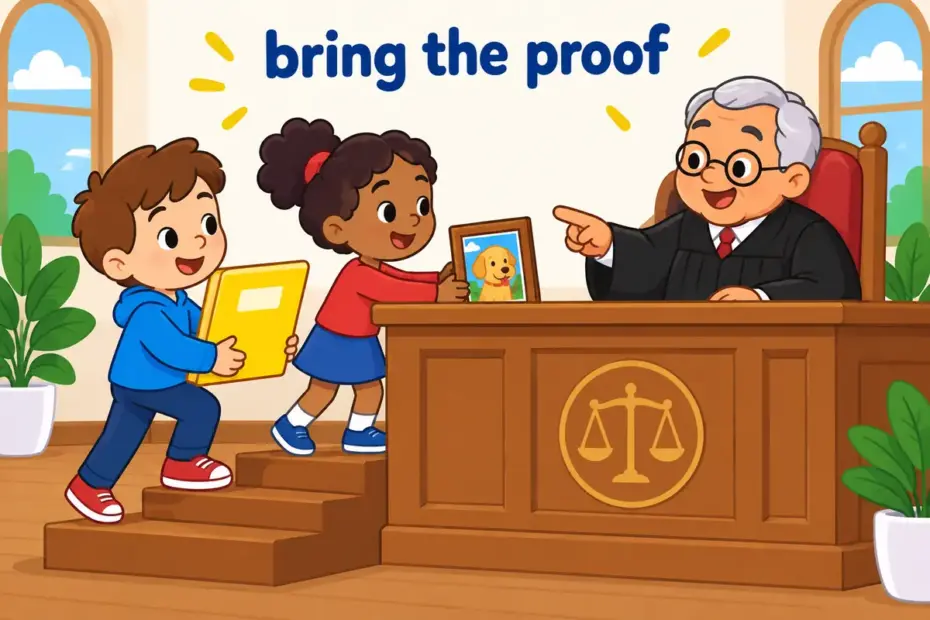 Cartoon children carry folders toward a judge's bench, illustrating adduce in a sentence as bringing forward evidence to support a claim.