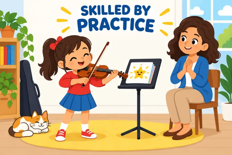 Cartoon girl practices a violin repeatedly, illustrating adept in a sentence as practised skill rather than inborn talent.