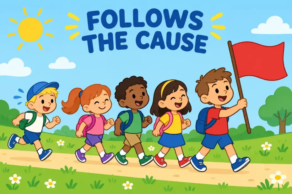 Cartoon children march behind a leader's flag, showing adherent in a sentence as a loyal supporter of a cause.