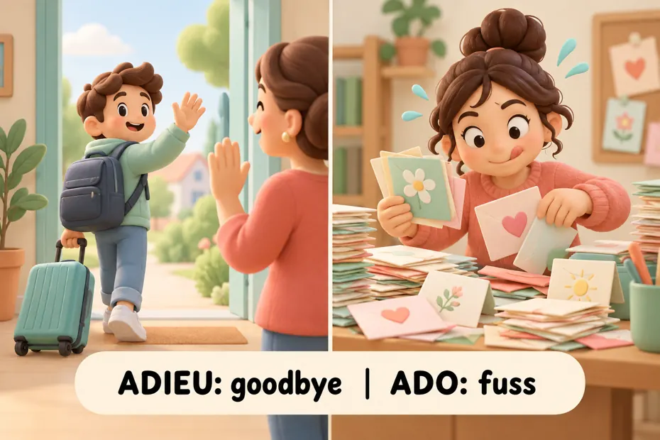 Adieu: goodbye; ado: fuss