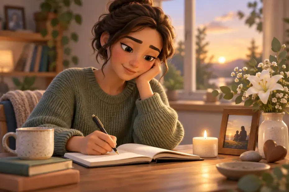 A person writes in a journal beside a remembrance candle and small bouquet.