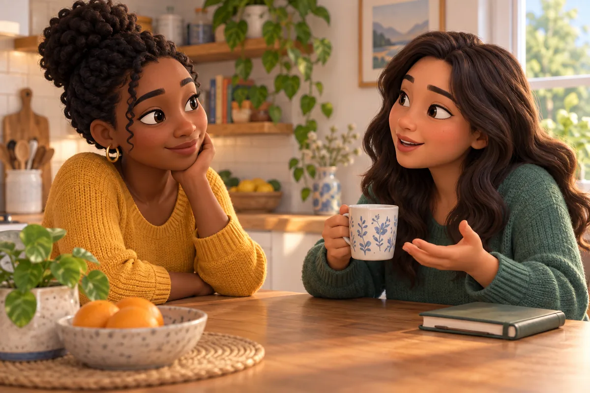A friend offers a warm drink while listening to someone reflect.