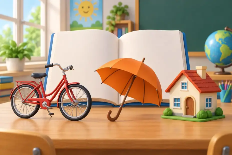 A red bicycle and an orange umbrella on a bright classroom display.