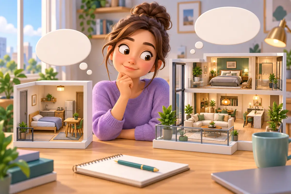 A student compares a small apartment model and an expensive-looking apartment model.