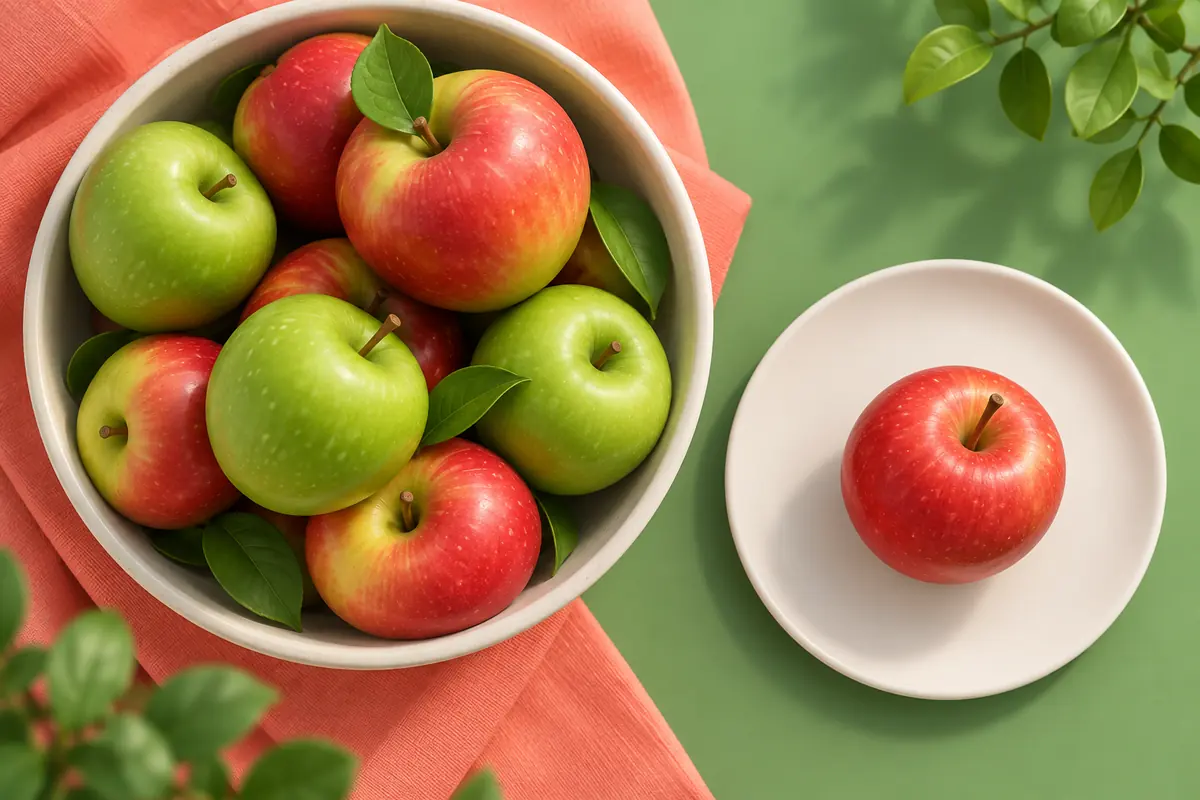 A bowl of fresh apples beside one apple on a separate plate.