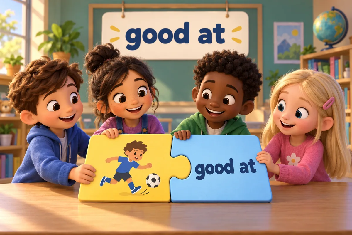 Cartoon pupils fit adjectives and prepositions combinations together like puzzle pairs on a board.