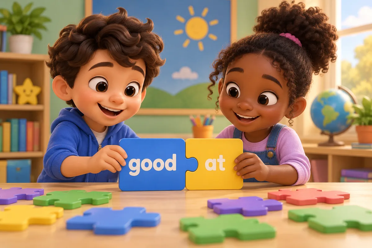 Cartoon children pair adjective tiles with preposition tiles to make good at and afraid of.