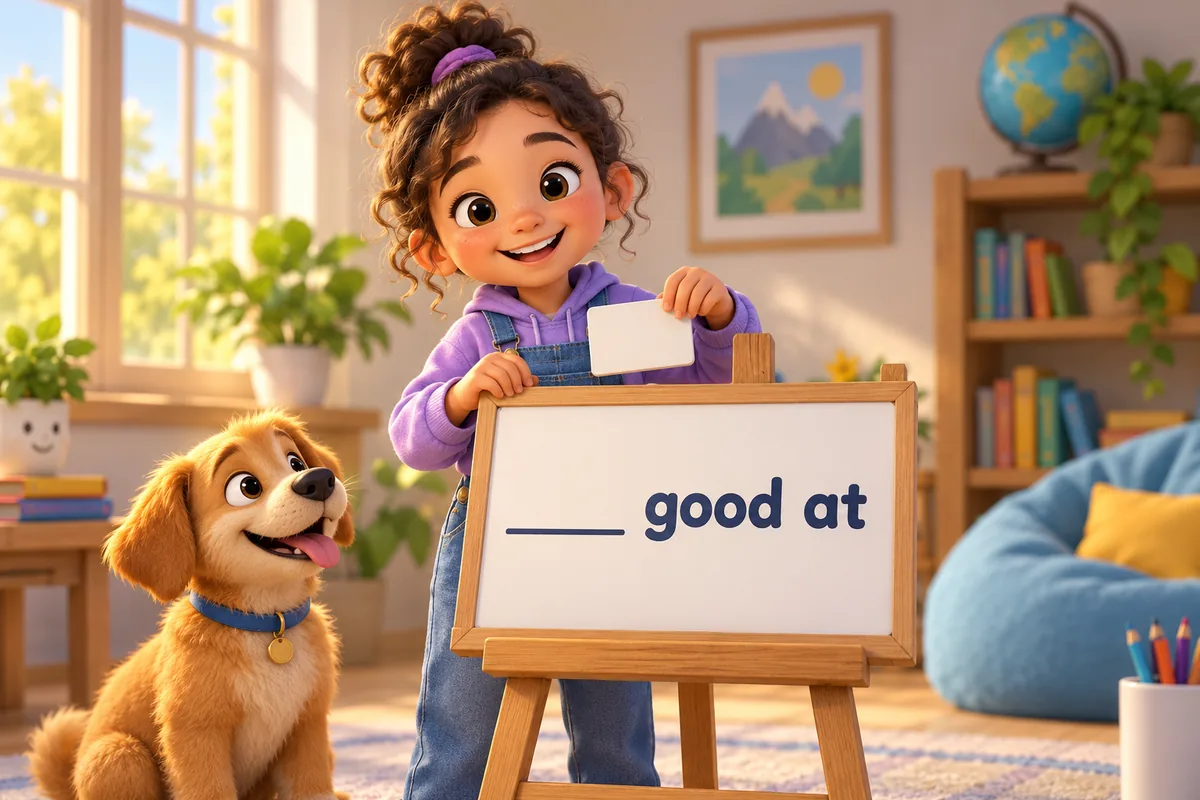 A cartoon pupil fixes a sign that reads good in maths by swapping in the preposition at.
