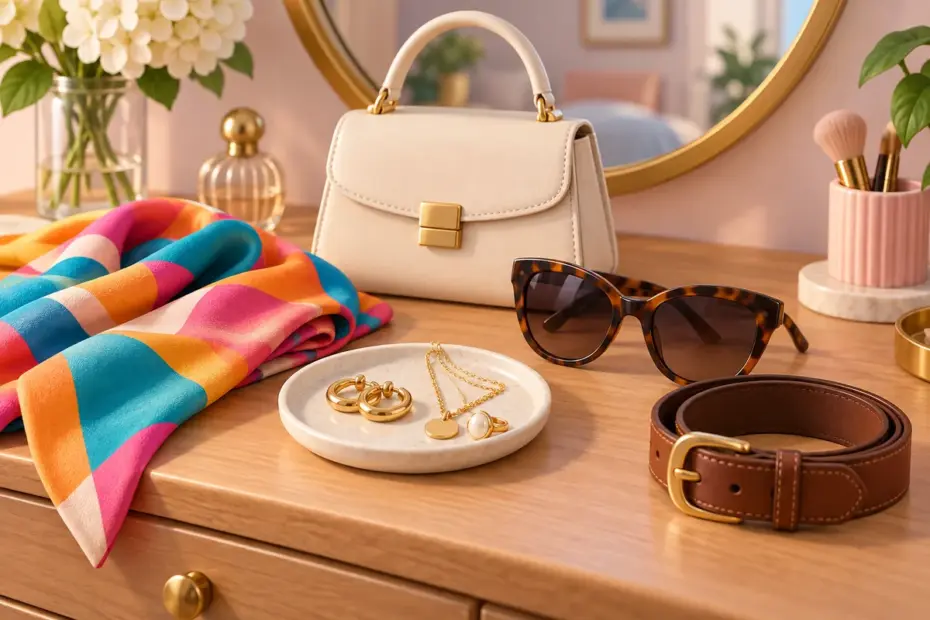 A neatly arranged collection of a scarf, handbag, sunglasses, and jewelry shows varied accessory styles.