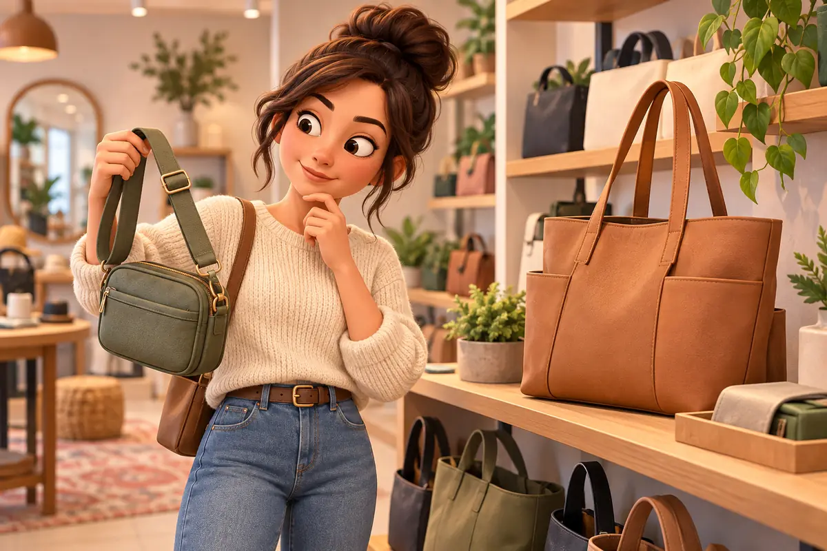 A shopper compares a compact practical crossbody bag with a larger everyday tote.