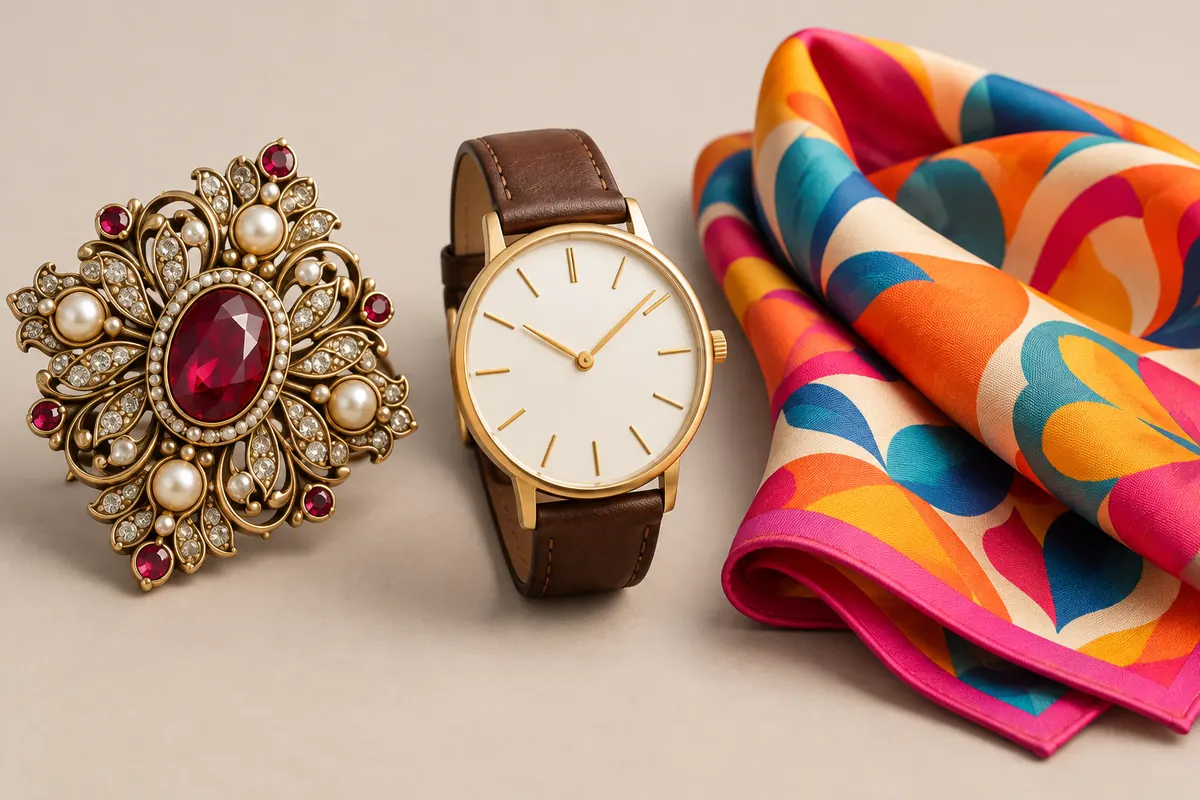 A close view of a decorated brooch, a simple watch, and a bright scarf illustrates contrasting accessory designs.